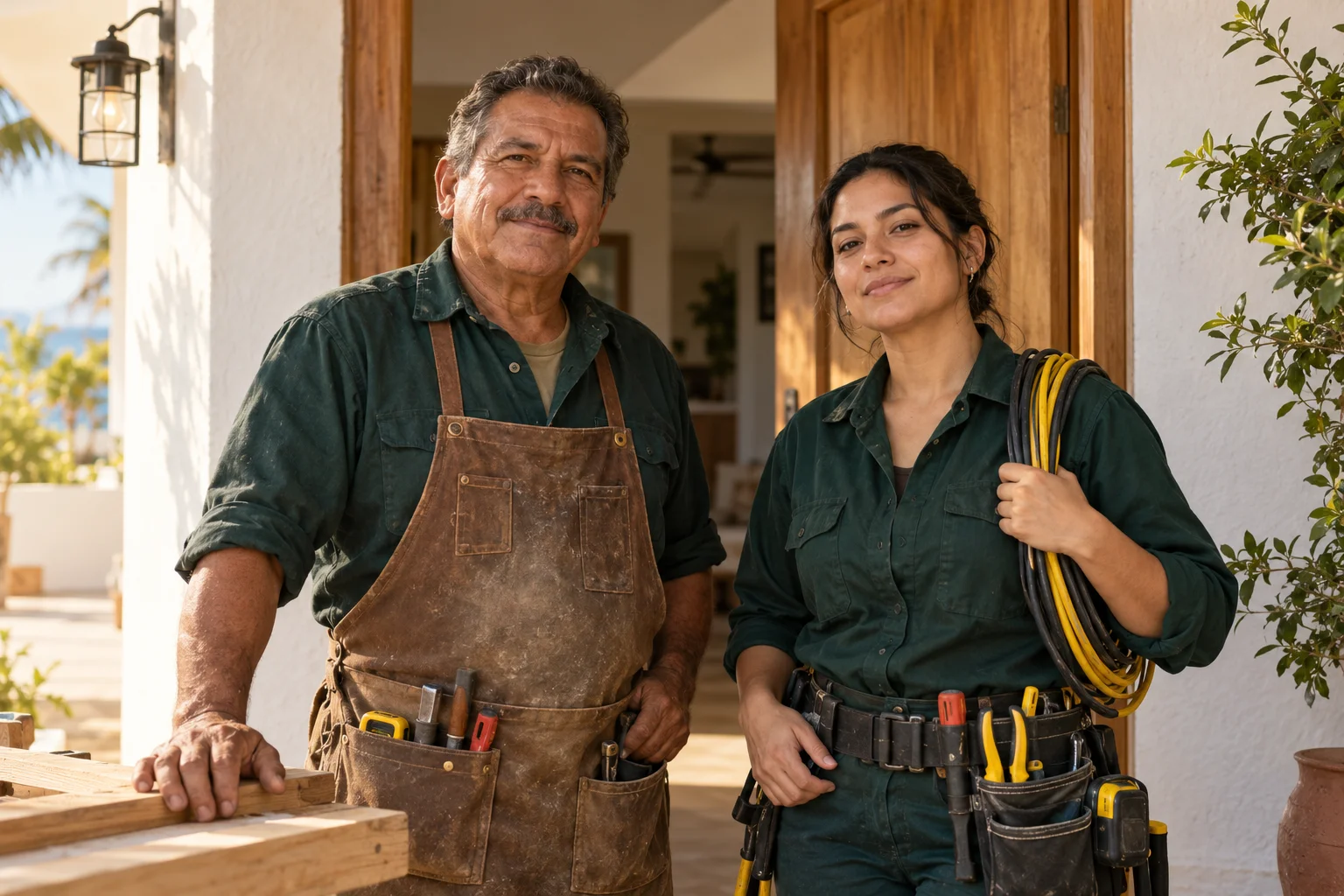 Retrato ilustrativo de dos profesionales de oficio frente a una casa en Mazatlán